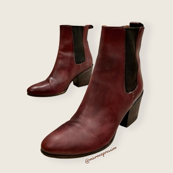 Frye Cherry Burgundy Red Genuine Leather Vintage-Retro Moto Gore Stretch Bootie - Picture 9 of 10